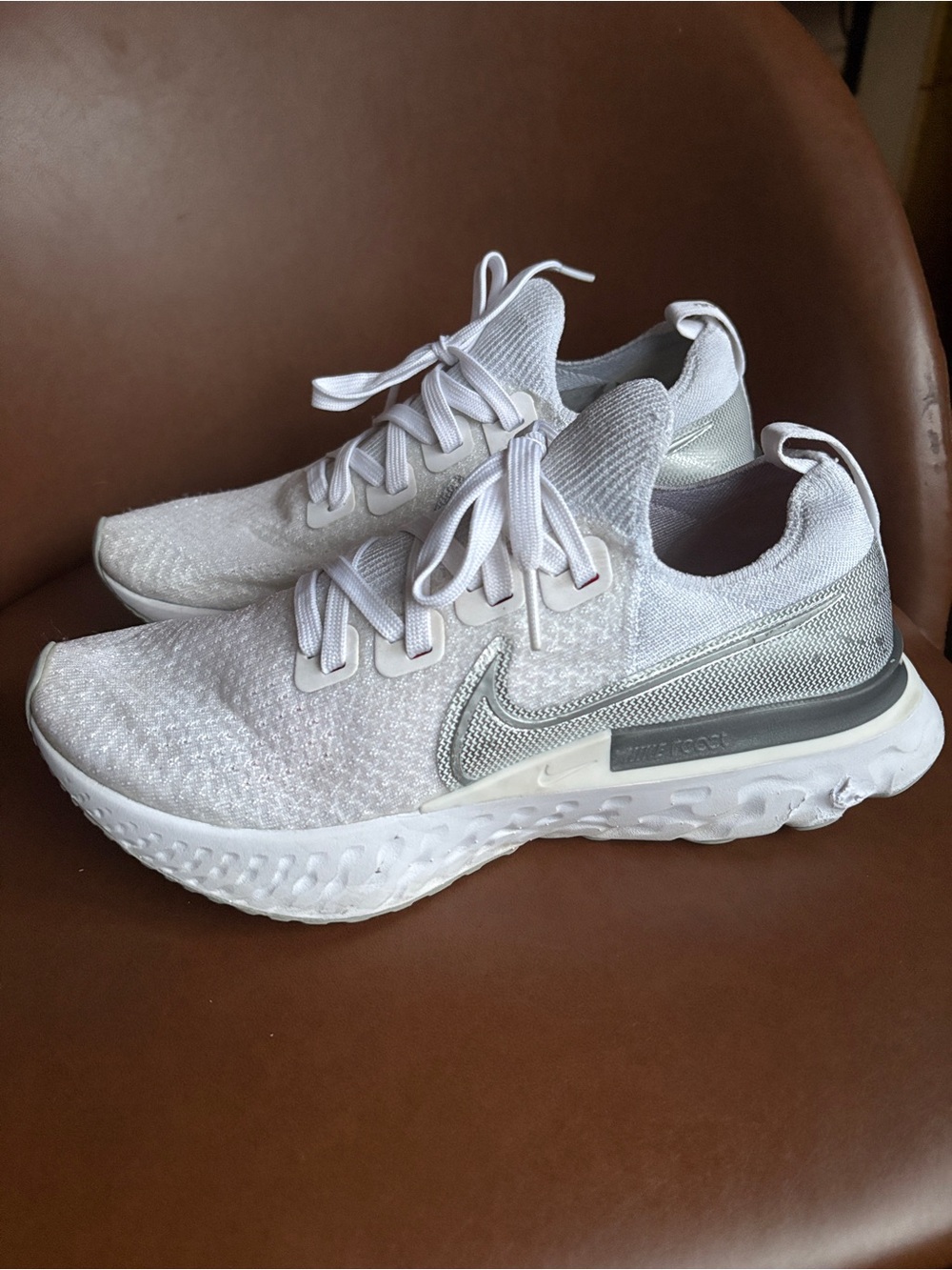 Nike Women's White and Silver Knit React Running Shoes